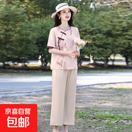 中老年新款女裝媽媽中式國風(fēng)棉麻套裝冰絲夏季貴夫人短袖T恤夏裝 紫花套裝 T507 XL 建議85-100斤