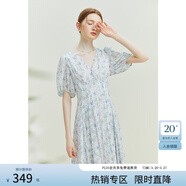 范思藍恩23FS12521茶歇法式雪紡碎花連衣裙女夏V領(lǐng)海邊度假長(cháng)裙子 白底紫花 M