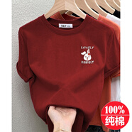 恒源祥2026新款正肩磨毛短袖T恤女時(shí)尚百搭加厚上衣純棉打底衫春秋冬季 洋紅色（側邊lovely兔子款 磨毛 2XL