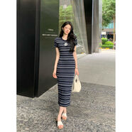 紀金其夏季顯瘦氣質(zhì)辣妹衣裙女百搭性感收腰時(shí)尚小香風(fēng)中長(cháng)裙子 藏色長(cháng)款 S S80105