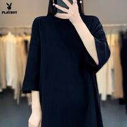 花花公子（PLAYBOY）顯瘦中長(cháng)款t桖女加長(cháng)款大碼寬松100%純棉落肩五分袖睡衣遮臀裙 官方旗艦黑色 長(cháng)款中袖純棉T恤 L 130-160斤