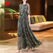 皮爾卡丹（pierre cardin）2026夏季新款時(shí)尚印花真絲桑蠶絲連衣裙沙灘度假修身大擺長(cháng)裙子 墨綠色 M