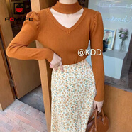 AEMAPE泡泡袖打底衫女裝掛脖毛衣女2026春秋冬季時(shí)尚針織衫女心機 焦糖色 L _115-130斤