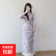 紫色倒大袖提花復古民國風(fēng)旗袍女春夏季中袖優(yōu)雅氣質(zhì)長(cháng)款連衣裙 紫色 2XL （125-135斤）