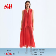 H&M女裝連衣裙春季氣質(zhì)領(lǐng)口系帶歐根紗連衣裙1307342 亮紅色 XS 155/80