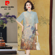 皮爾卡丹新款中年媽M媽連衣裙時(shí)尚氣質(zhì)典雅中年老年女裝大d碼寬松雪紡長(cháng)裙 藍色連衣裙 3XL (建議120-135斤)