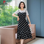 皮爾卡丹假兩件印花連衣裙2026新款夏顯瘦長(cháng)裙T恤拼接遮肚雪紡碎花吊帶裙 黑色波點(diǎn) M