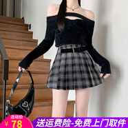 歐貝汐毛呢格子百褶半身裙2026新款女春秋美式高腰a字jk短裙小個(gè)子 黑色 M