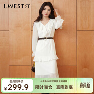 朗文斯?。↙.WEST）波西米亞連衣裙女2025秋季新款收腰荷葉袖層次感雪紡裙 米色 M