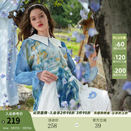 兩三事輕舞花揚 2025夏季新款拼色翻領(lǐng)印花開(kāi)叉下擺雪紡衫女寬松 藍花色-y L