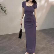 迪逸姿（DIYIZI）名媛氣質(zhì)短袖方領(lǐng)收腰連衣裙女2025夏季下擺開(kāi)叉獨特性感長(cháng)裙 紫色連衣裙 M 【建議80-100斤】