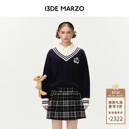 13DE MARZO女士 V領(lǐng)連體休閑百褶裙復古時(shí)尚氣質(zhì)百搭針織毛衣裙 藏青色 S