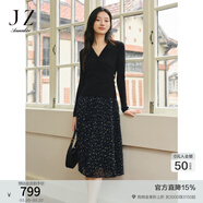 玖姿·安娜蔻【蕾絲映夢(mèng)】假兩件拼接壓褶毛衫連衣裙女春款 素黑 L