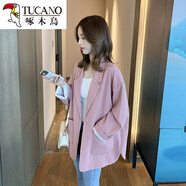 啄木鳥(niǎo)西裝外套女2026新款韓版寬松休閑顯瘦條紋小西裝百搭長(cháng)袖西服上衣 粉色 M (105-120斤)