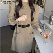 啄木鳥(niǎo)羊毛針織連衣裙女加大碼胖mm300斤中長(cháng)款加厚毛衣裙秋冬新款寬松 卡其色【腰帶】 L 建議100-115斤