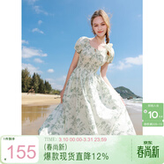 三彩2025夏季新款純棉連衣裙印花U領(lǐng)收腰A字裙泡泡袖中長(cháng)裙M