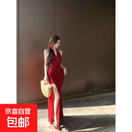 法式高級感氣質(zhì)掛脖連衣裙女夏季新款性感開(kāi)叉高腰顯瘦包臀長(cháng)裙子 紅色 S