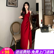 歐貝汐新中式復古掛脖連衣裙女2026春夏蕾絲開(kāi)衫兩件套套裝裙紅色吊帶開(kāi) 吊帶裙 2XL