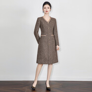 VIPOL【原廠(chǎng)正版】-南油高貨氣質(zhì)名媛金線(xiàn)紋羊毛呢鑲鉆領(lǐng)連衣裙女女裝 咖色 S