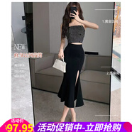 歐貝汐黑色開(kāi)叉魚(yú)尾半身裙女夏季新款高腰A字中長(cháng)裙遮胯西裝包臀裙 黑色 L