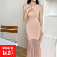 白色連衣裙圓領(lǐng)疊U領(lǐng)無(wú)袖收腰冰絲透視拼接歐根紗魚(yú)尾裙長(cháng)裙 藕粉 S