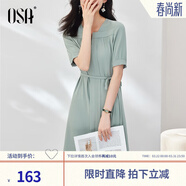 歐莎（OSA）短袖連衣裙子女夏季2025新款收腰顯瘦復古襯衫裙子中長(cháng)款 灰綠色 2XL