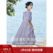 茵曼（INMAN）七七同款連衣裙2026夏女裝新款田園純棉提花方領(lǐng)A字泡泡袖蛋糕裙 紫色 100%棉 里料:100%聚酯纖維 S