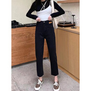 jane Deiune美式復古徽章腰帶印花闊腿牛仔褲女設計感高腰寬松直筒拖地長(cháng)褲子 九分褲 S