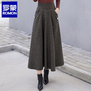 羅蒙（ROMON）品牌格子毛呢裙女中長(cháng)款半身裙秋冬季高腰顯瘦大擺冬長(cháng)裙復古傘裙 高端品牌咖啡格 S
