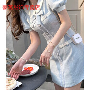 溥畔新款娃娃領(lǐng)小設計藍色香風(fēng)連衣裙氣質(zhì)小個(gè)子法式夏季高級收腰短裙 天藍色 高品質(zhì) S  建議80-100斤