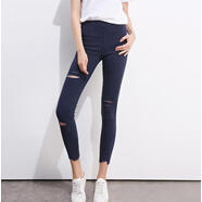 秋季新款破洞牛仔褲女九分小腳褲緊身鉛筆褲加肥加大碼女褲 藍色 2XL