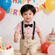 GOKU男童禮服套裝夏季兒童背帶褲花童小西裝英倫風(fēng)幼兒園畢業(yè)服演出服 粉紅色 棉質(zhì)衣服有縮水可能性，適當拍大一碼 90 （建議體重20-25斤）
