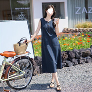 EINDKAD港風(fēng)復古無(wú)袖背心牛仔連衣裙女裝2026夏季寬松氣質(zhì)減齡韓版長(cháng)裙女 藍色 S