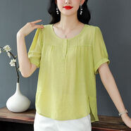 妙普樂(lè )亞麻雪紡衫天絲雪紡短袖t恤女夏裝文藝氣質(zhì)遮肚上衣媽媽裝亞麻半 綠色 L  建議1115斤