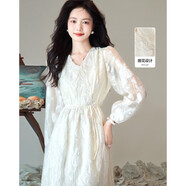 德瑪納（dme）【輕奢提花a字裙】春秋v領(lǐng)收腰蕾絲x型連衣裙女中長(cháng)款