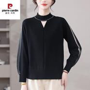 皮爾卡丹高檔春秋桑蠶絲長(cháng)袖T恤女通勤風(fēng)立領(lǐng)蕾絲減齡大碼上衣針織打底衫 黑色 2XL 130-140