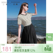 三彩大碼女裝2025夏季新款條紋假兩件針織梭織連衣裙休閑贈項鏈胖MM