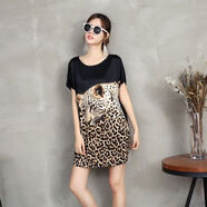 苜戈胖妹妹加大碼女裝夏裝新款韓版寬松加肥中長(cháng)款t恤短袖女豹頭體恤 咖啡色 豹頭款 L  100-125斤