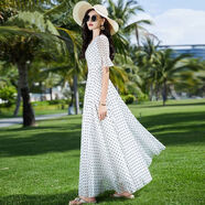 夏典素訂女王氣質(zhì)優(yōu)雅白色波點(diǎn)連衣裙新款修身大擺長(cháng)裙波西米亞超仙公主裙 白色波點(diǎn)喇叭袖 S