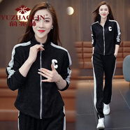 俞兆林休閑運動(dòng)套裝女秋季薄款2024新款中年時(shí)髦寬松開(kāi)衫兩件套 黑色[外套+長(cháng)褲] M (建議80-95斤)