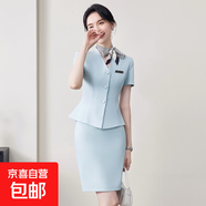 高級感黑色短袖職業(yè)套裝裙女夏季氣質(zhì)西裝前臺美容院珠寶店工作服 綠色外套+1510#西褲 3XL (建議128-138斤左右)