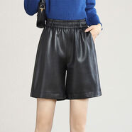 2025秋款真皮皮褲女高腰寬松闊腿五分褲綿羊皮短褲外穿直筒靴褲 黑色 S S8595斤