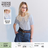 Teenie Weenie小熊女裝簡(jiǎn)約夏季蕾絲娃娃領(lǐng)短袖襯衫泡泡袖少女感 淺藍色 S (160)