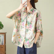 夏典素訂女王大碼女裝夏裝港風(fēng)娃娃領(lǐng)襯衫女設計感小眾單排扣短袖休閑襯衣女夏 花色 XL 【150-170斤】