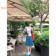 Sweetly·Sun法式復古油畫(huà)少女雪紡碎花半身裙春夏季絕美度假字短裙中裙魚(yú)尾裙 藍色 S 建議95斤