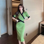 皮爾卡丹（pierre cardin）新款減齡不規則收腰顯瘦連衣裙女潮時(shí)尚韓版交叉V領(lǐng)針織裙子 綠色 M 建議95-110斤