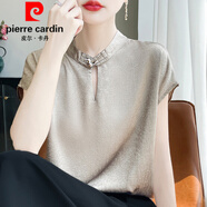 皮爾卡丹（pierre cardin）盤(pán)扣刺繡立領(lǐng)新中式國風(fēng)短袖t恤醋酸襯衫上衣夏休閑緞面小衫半袖 香檳色 M 90105