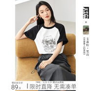 對白【梵高聯(lián)名】寬松插肩袖顯瘦T恤女2026夏新款設計感純棉上衣 黑白拼色 M