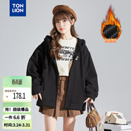 唐獅（TonLion）2026春季新款針織外套女休閑衛衣開(kāi)衫連帽上衣 加絨款/黑色 M