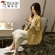 啄木鳥(niǎo)西裝外套女2026新款韓版寬松休閑顯瘦條紋小西裝百搭長(cháng)袖西服上衣 黃色 M (105-120斤)